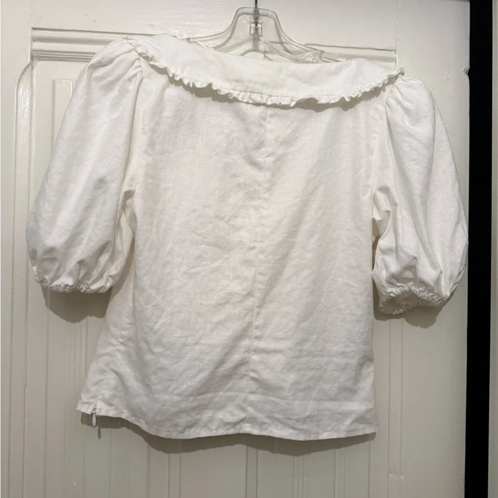 Reformation White Ruffled Scoop-Neck Puff Sleeve Crop Top